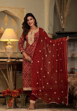 Deep Red Muslin Silk Zari work Kurta Pant With Dupatta-M