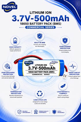 NOVEL 3.7V BMS 18650 LITHIUM ION SINGLE BATTERY WITH JST 2PIN - 500mAh