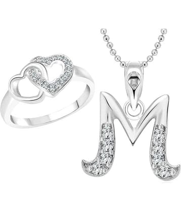 Vighnaharta Hum Tum Heart Ring with Initial Alphabet ''M'' Pendant Rhodium Plated Jewellery Combo set