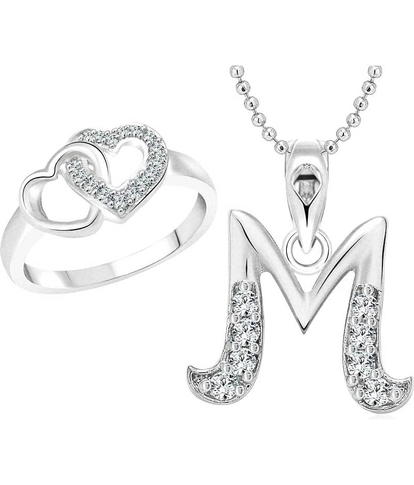 Vighnaharta Hum Tum Heart Ring with Initial Alphabet ''M'' Pendant Rhodium Plated Jewellery Combo set