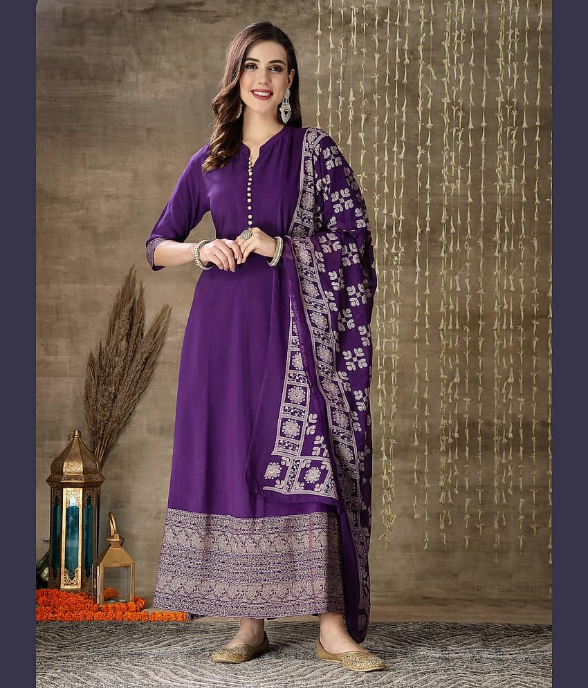 Stylum Rayon Printed Anarkali Women's Kurti with Dupatta - Purple ( Pack of 1 )