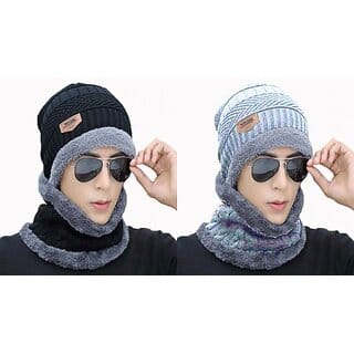 Fashlook Woolen Black, Grey Casual Winter Cap (Pack of 2)