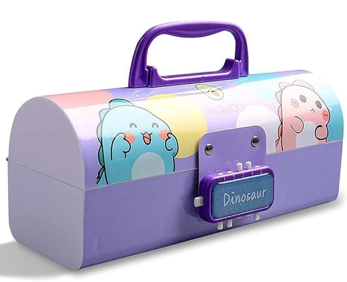 Plastic Kids Pen & Pencil Box Suitcase Style Password Lock Case, Multi-Layer for Kids,Boys,Girls,Stationary Organizer Case Kids,Return Gift Kids(Dinosaur-Purple)