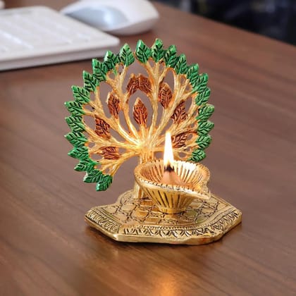 Decorative Diya with Leaf Backdrop - White Metal Gold Finish Oil Lamp for Diwali, Home Mandir, Office & Gift - Compact Vastu Diya for Pooja Decoration (10 x 8 x 10 cm)