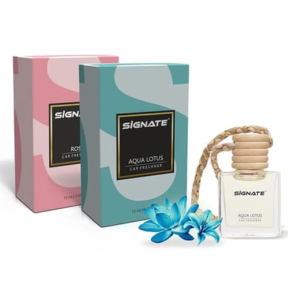 Signate Car Perfume with Natural Fragrance Essential Oils | Car Air Fresheners Long Lasting Upto 90 Days | Hanging Pod in Glass Bottle with Wooden Diffuser Lid – (Aqua Lotus Air 15ML + Rose 15ML)