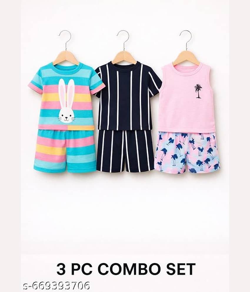 ODIMENT Pack of 3 Girls Cotton Blend T-shirt & Shorts ( Multicolor )