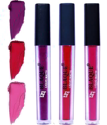 bq BLAQUE Matte Liquid Lipstick Combo of 3 Lip Color 4ml each, Waterproof - Purple Affair, Dark Pinkish Red, Soft Pink