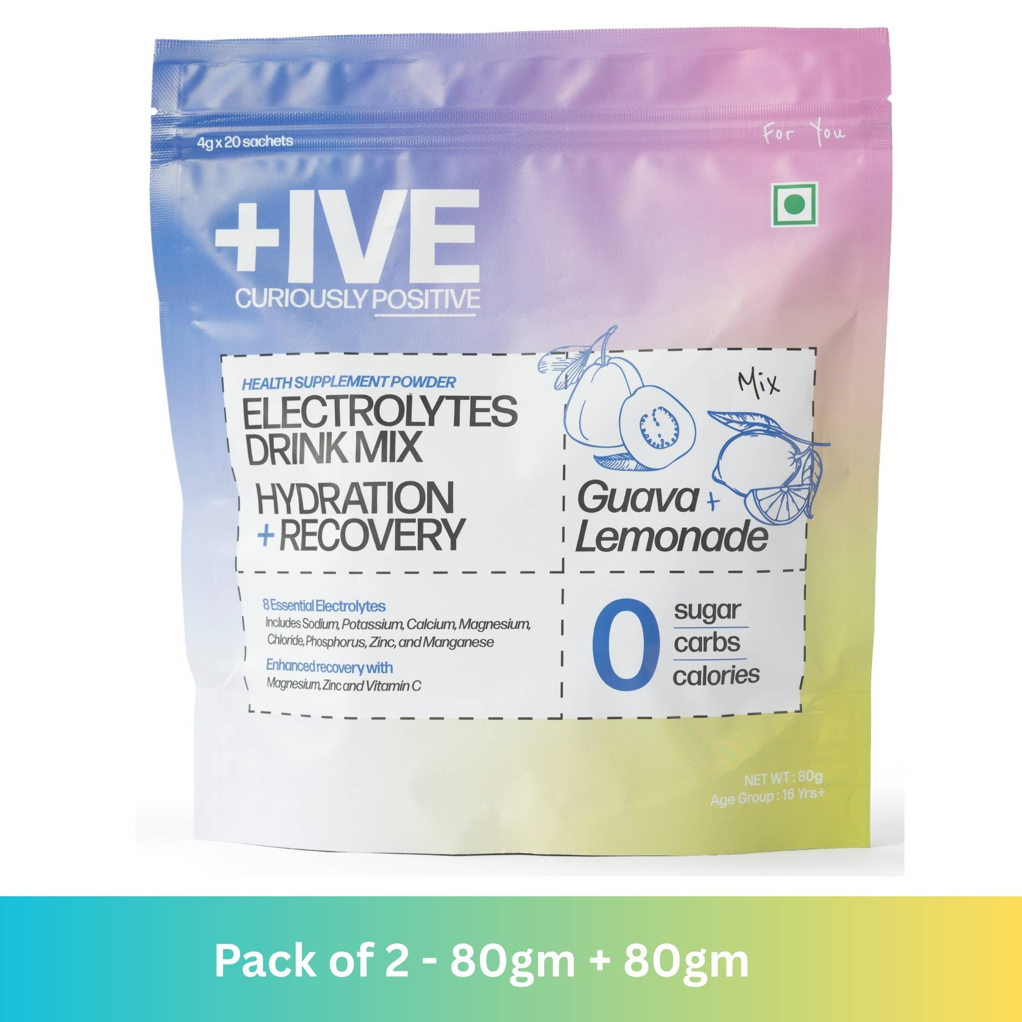 Curiously  +IVE Electrolytes Drink Mix - Assorted Flavour (Lemonade + Guava) - Pack of 2 - 80gm + 80gm (4g x 40 Sachet), Zero Sugar, Zero Carbs, Zero Calories, Hydration + Recovery Supplement