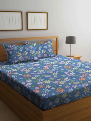 Blue & White Floral 300 TC King Bedsheet with 2 Pillow Covers