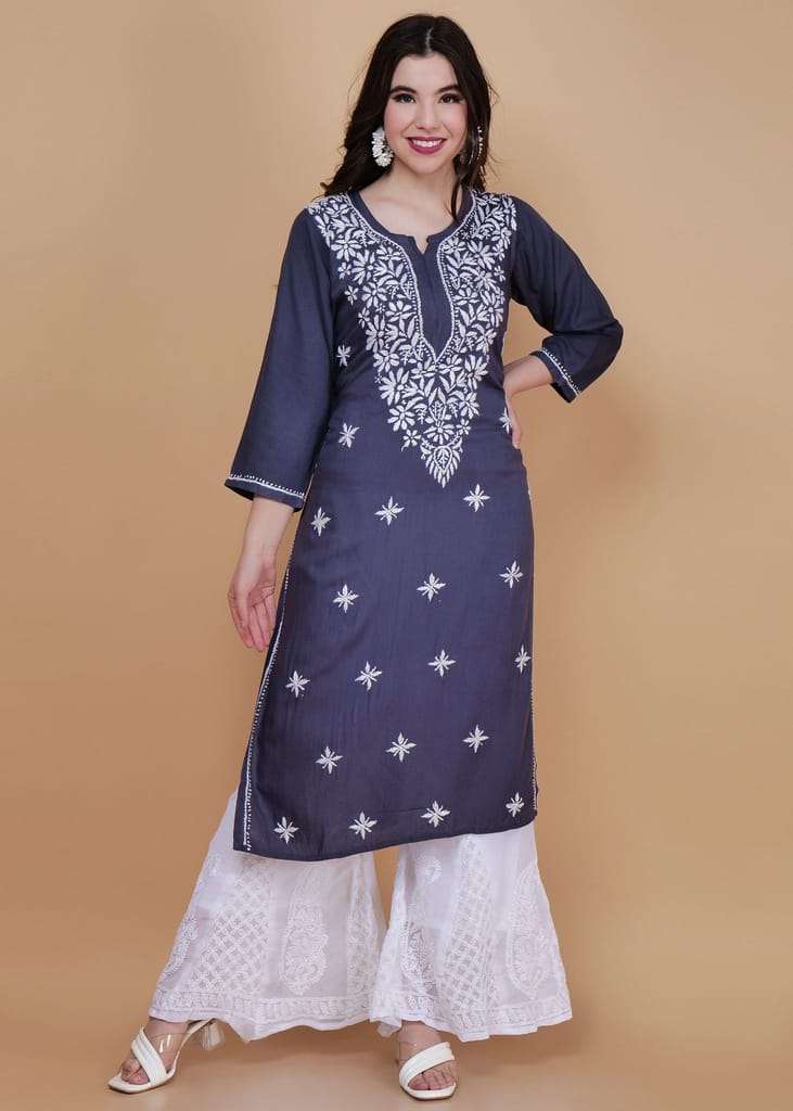 Chikankari Hand-Embroidered Rayon Straight Kurta Grey