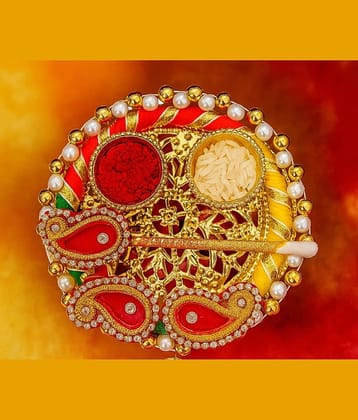 KOOGLY Decorative Haldi Kumkum Stand with Roli Stick for Temple/Rakhi/Home/Return Gift Steel (1 Pieces, Multicolor)