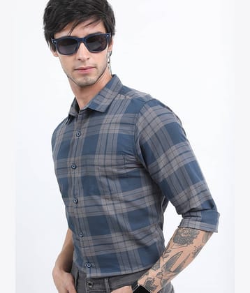 Highlander Cotton Blend Slim Fit Checks Full Sleeves Men's Casual Shirt - Blue ( Pack of 1 )