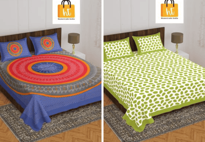 2201-Hometrade India- Standard Double Size (90*100 in )-Combo Jaipuri Double bedsheet With Matching Pillow Cover