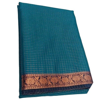 Traditional Teal cotton Saree with Gold Floral Border, Checkered Pattern