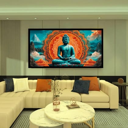 Luminary Tranquil Heights – Majestic Buddha Muse Museum-Quality Cotton Canvas Art for Contemporary Décor | Frame Size (127 X 69 Cm) | Frame Type (Black) | 5-Year Warranty