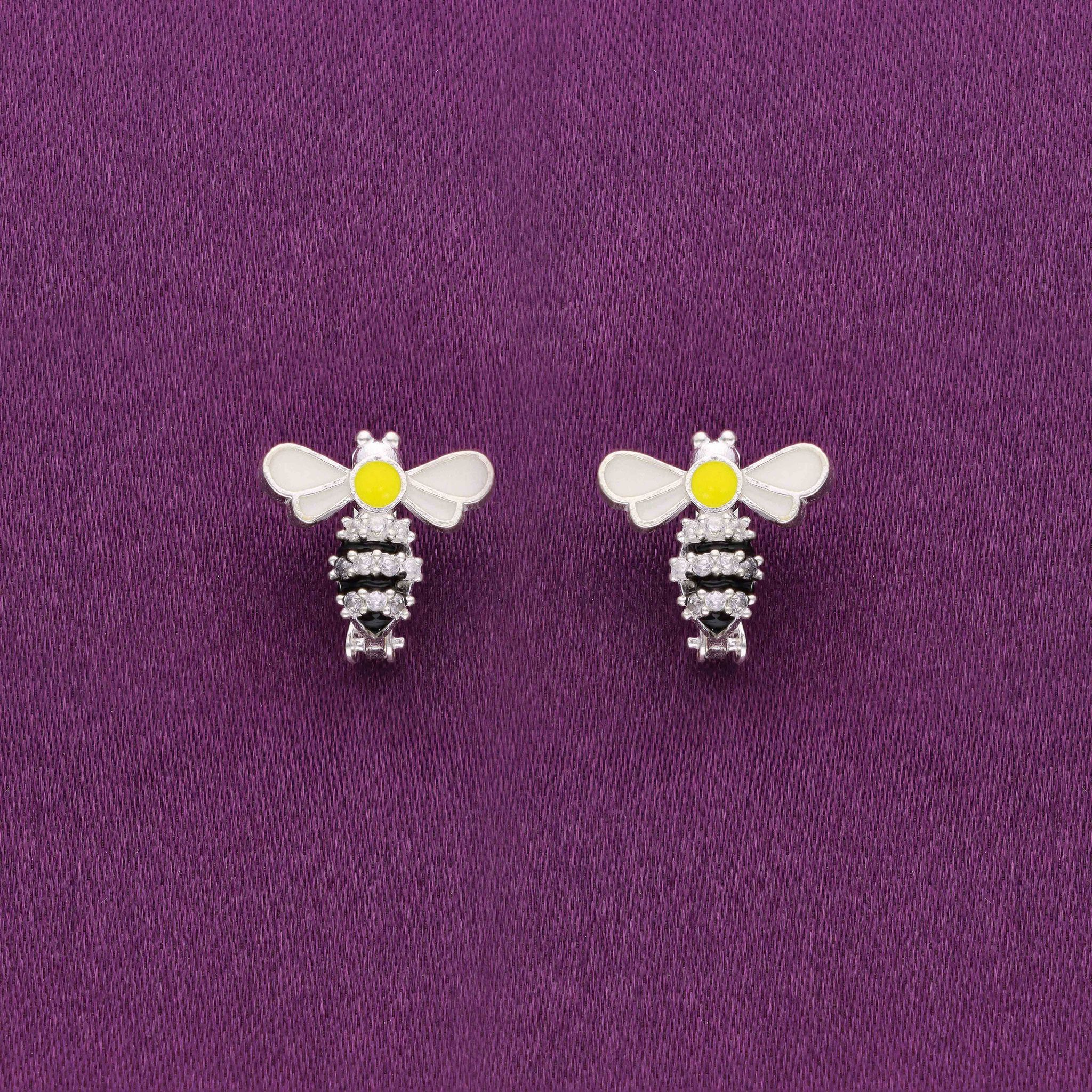 Happy Honeybee Zircon Studded Silver Children Earrings-White Stone / Silver