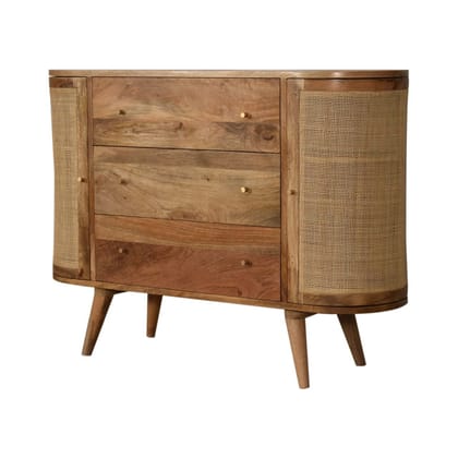 Rattan and Solid Wood Sideboard with 3 Drawers and 2 Cabinets