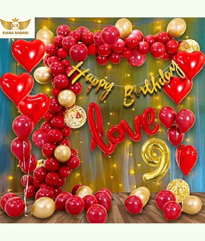 KR 9TH HAPPY BIRTHDAY DECORATION WITH BUNNTING BANNER1, 1LOVE 4 RED HEART 25 RED 25 GOLD BALLOON 1 NET CURTAIN 1 LIGHT 1ARCH 1 GLUE 3 CONFETTI BALLOON 9 NO. GOLD FOIL BALLOON