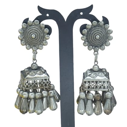 Oxidized Silver Jhumka Earrings with Intricate Floral Design
