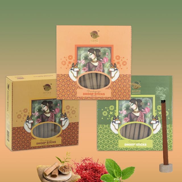 Nandi Panchgavya 100 Percent Cow Dung Dhoop Sticks for Pooja with Stand (Chandan, Kesar, Tulsi Fragrance - Pack of 3,150 Sticks)