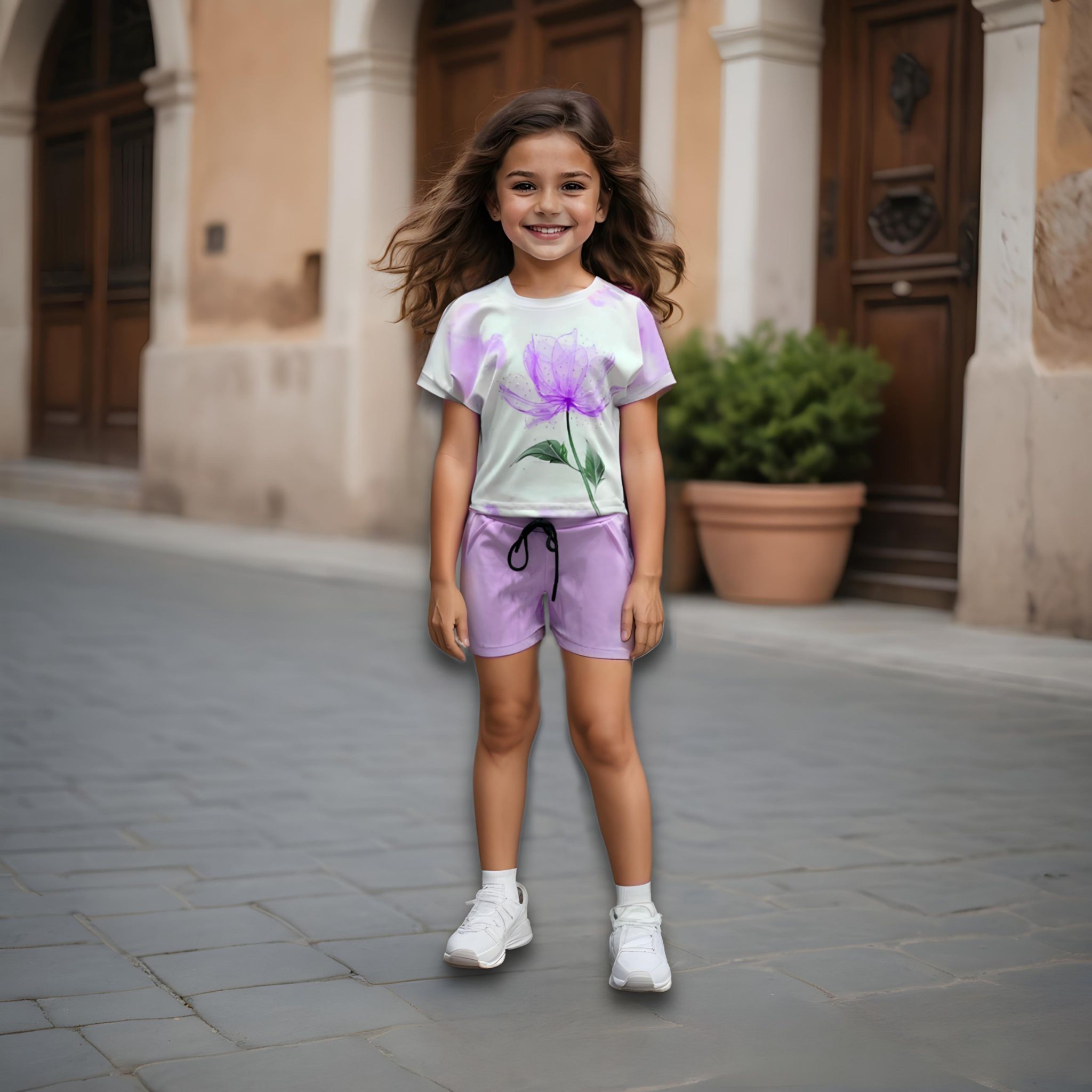 Girl's Lavender Flower Printed Co-Ord Set [GCS-7729] (1-12 Years)-4-5Y (Size - 24) / Ribbed