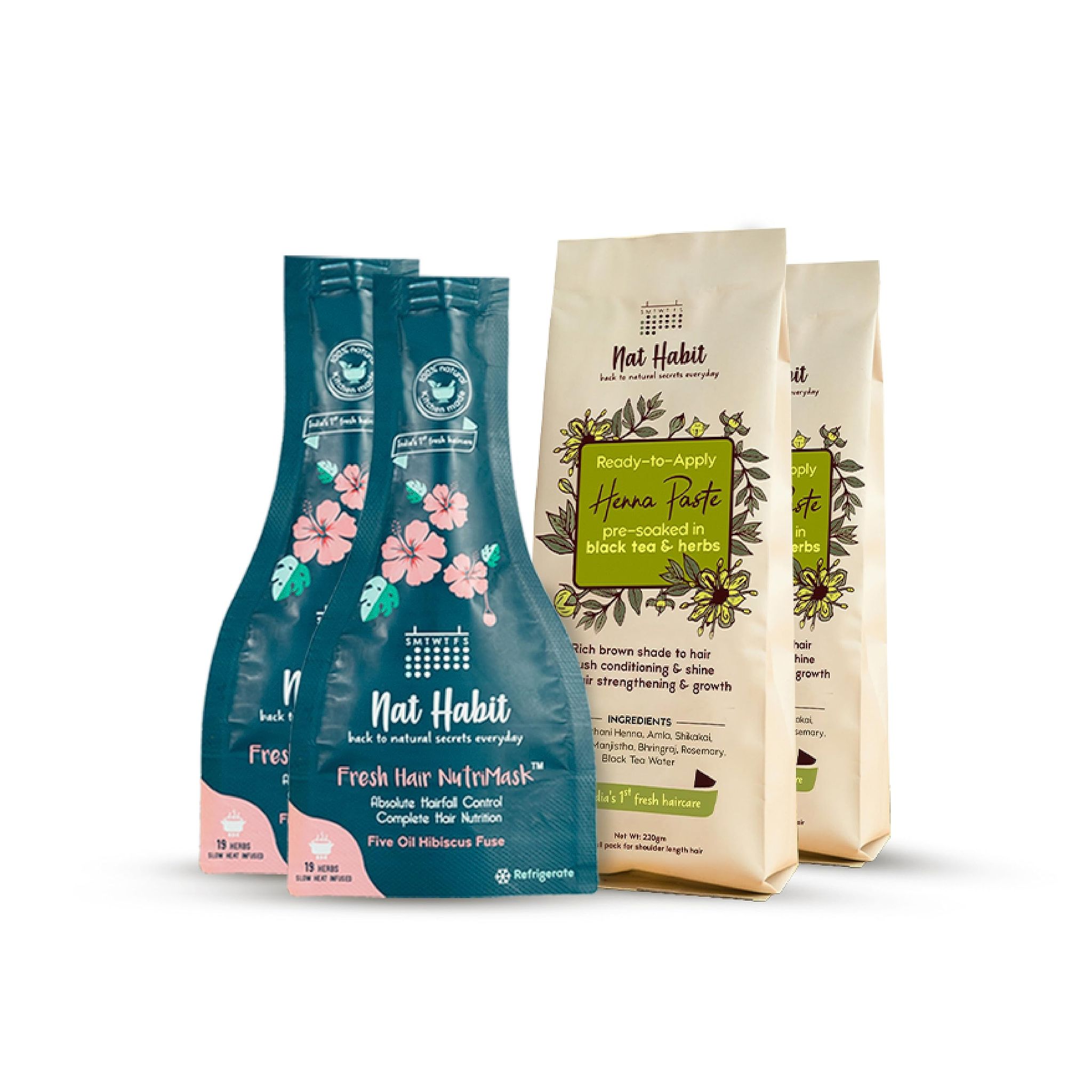 Nat Habit Fresh Ready-To-Apply Henna Paste & Five Oil Hibiscus Hair NutriMask - The Ideal Combo For Deep Conditioning Hair With Rich Dark Brown Color (Combo Pack of 4) Nat Habit Fresh Ready-To-Apply Henna Paste & Five Oil Hibiscus Hair NutriMask - The Id