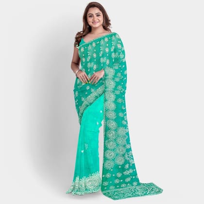 TheHangr Hand Embroidered Turquoise Georgette Lucknowi Chikankari Saree With Blouse