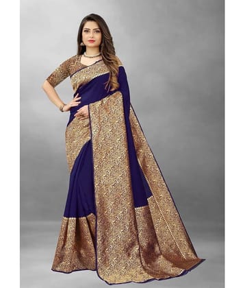 Gazal Fashions Banarasi Silk Embellished Saree With Unstitched Blouse Piece ( Blue )