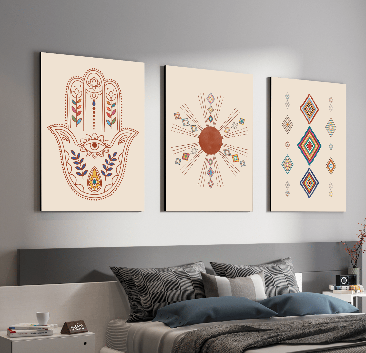 Hamsa Evil Eye Protector Wood Print Wall Art Set of 3-9 X 12 Inches Each / Pinewood Thickness: 6mm