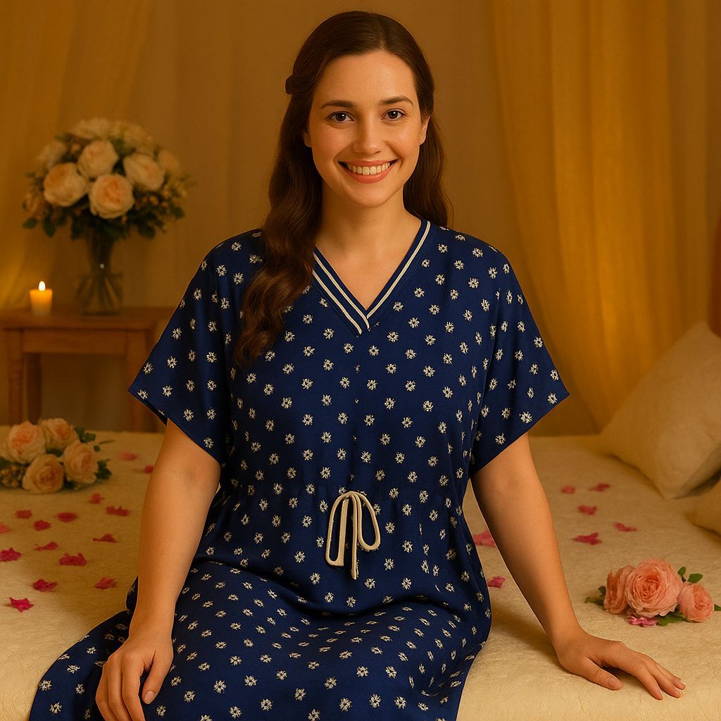 Women's Navy Blue Floral Kaftan Dress - V-Neck Design with Adjustable Drawstring Waist - Comfortable Resort & Loungewear - Kurtis, Tunics | Buy online on ZillyBuy
