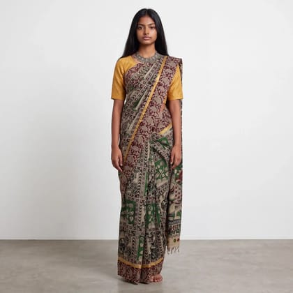 Pedana Kalamkari Print Saree Cream Olive Green