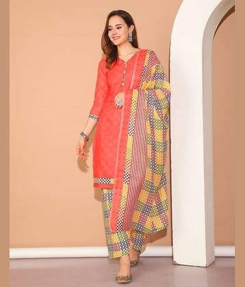 wonder weave Women Cotton Blend Printed Straight Kurti With Patiala Salwar ( Peach )