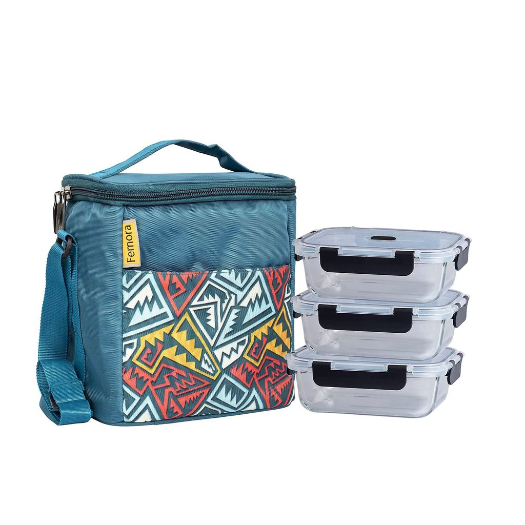 Femora Borosilicate Glass Microwave Safe Rectangle Container Multipurpose Lunch Box for Office, Blue, 400 ml (3 Container-Black)