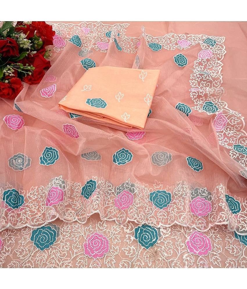 Gullak Lycra Printed Saree With Unstitched Blouse Piece ( Peach )