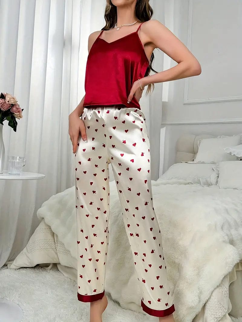 Women's Floral Print Satin Elegant Pajama Set-S / Heart
