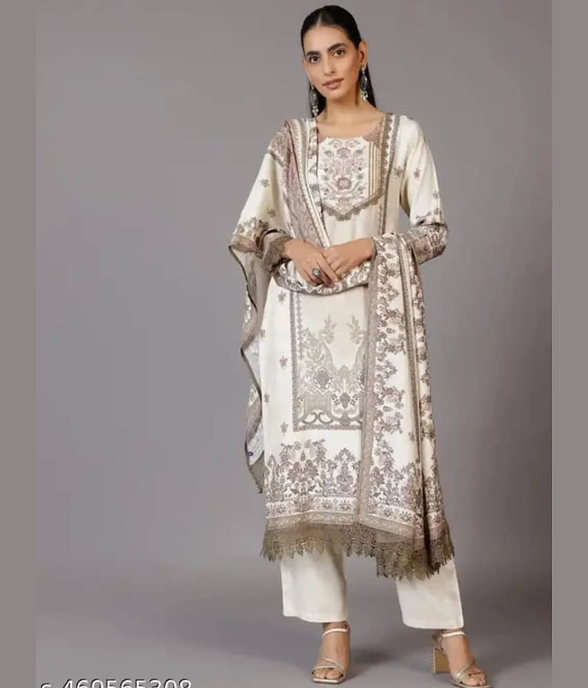 KUNJ CRAETION Women Cotton Blend Printed Straight Kurti With Pants ( Cream )