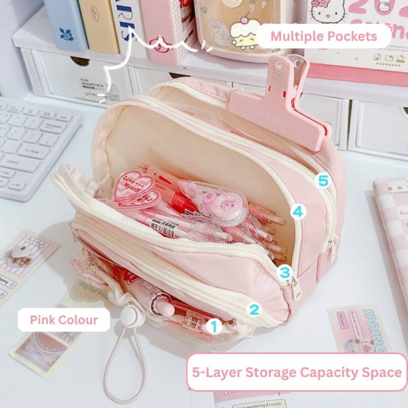 Multi-Layer Large Capacity Pencil Case (Pink, 23x10x13cm) | 5-Layer Storage | School & Office Organization