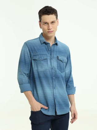 Indigo Stripe Double Pocket Shirt-S / Blue