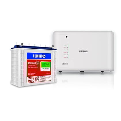 Luminous Inverter & Battery Combo for Home, Office & Shops (iCon 1100 Pure Sine Wave Inverter, RC 18000 150 Ah Tall Tubular Battery), White, Standard (icon1100_RC18000)