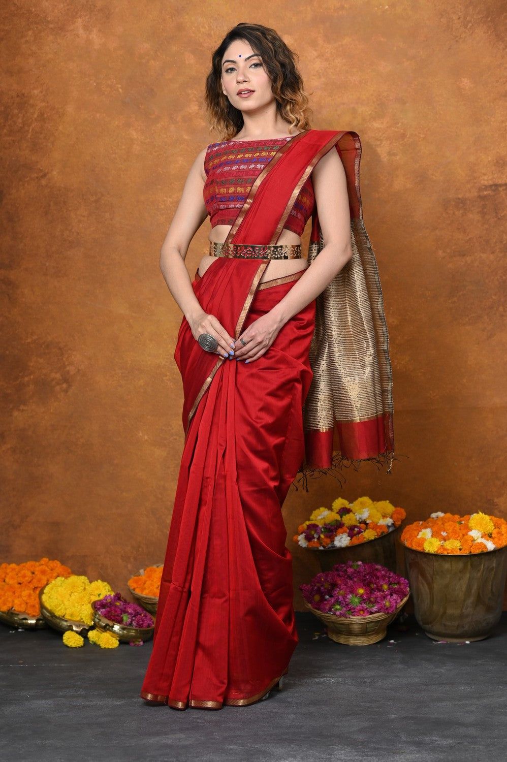 Handloom Cotton Silk Saree With Sleek Golden Border~ Red