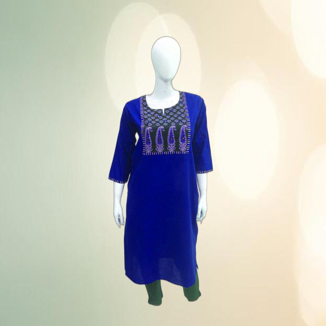 Blue Cotton Kurti with Paisley Embroidery | Ethnic Casual Wear | Comfortable Daily Kurta