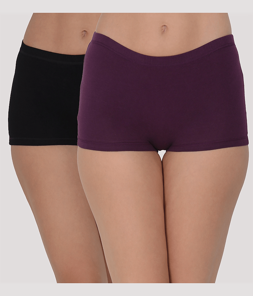 Leading Lady Pack of 2 Cotton Solid Women's Boy Shorts ( Purple )