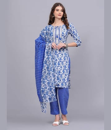 JC4U Cotton Printed Kurti With Pants Women's Stitched Salwar Suit - Blue ( Pack of 1 )