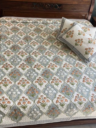 Saffron Blooms Quilted Handblock Bedcover Saffron Blooms Quilted Handblock Bedcover