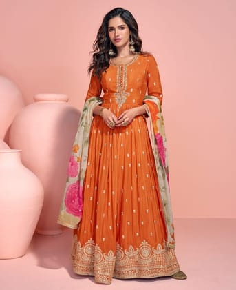 summer special orange chinon anarkali set for women