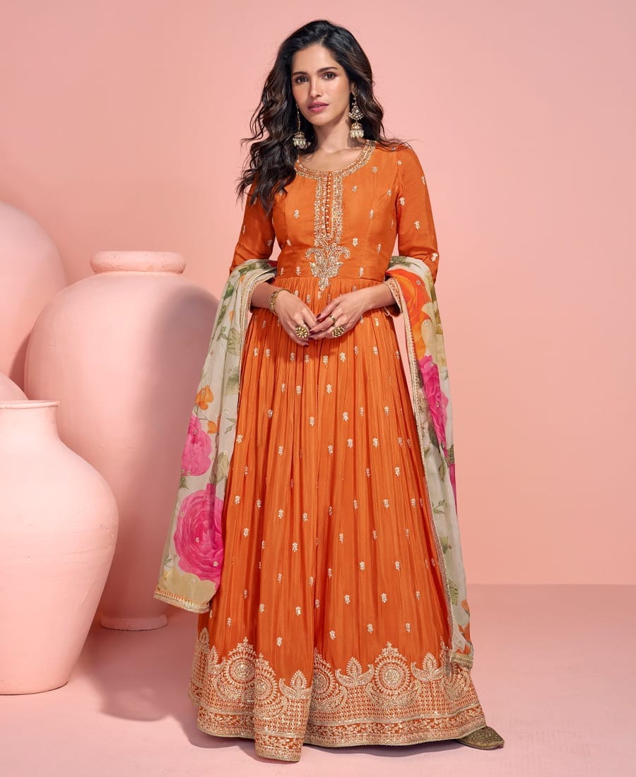 summer special orange chinon anarkali set for women