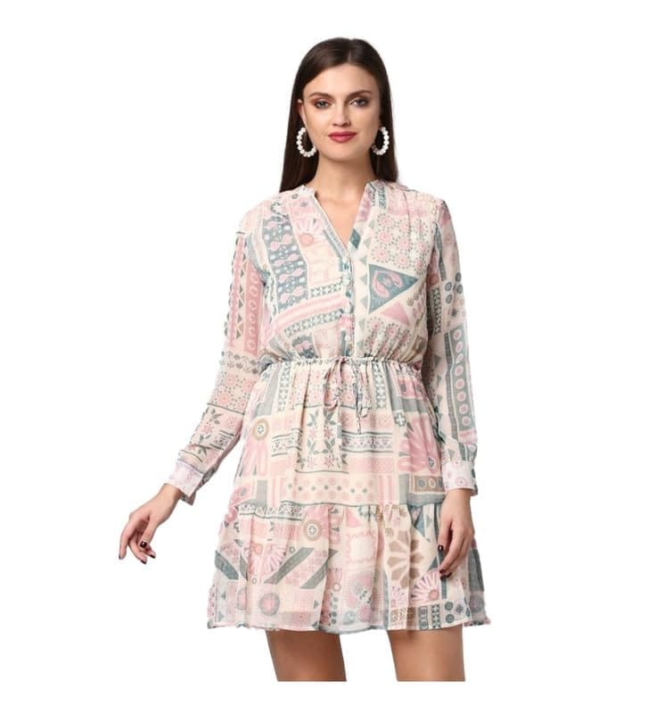 Women's Polyester Printed Long Sleeves Above Knee Dress (Light Pink - Off White, L)-PID55774