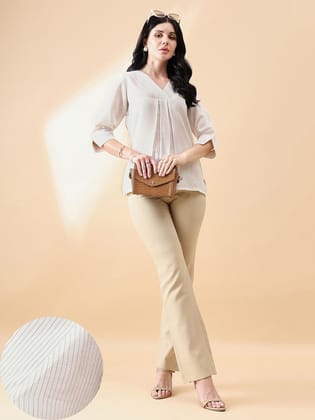 V-Neck Poly Linen Stripe Top - BEIGE-10XL