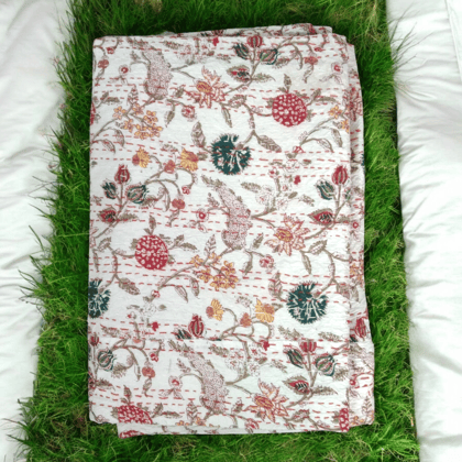 Hand Quilted Kantha Bedcover- White Floral-90 x 100 inches