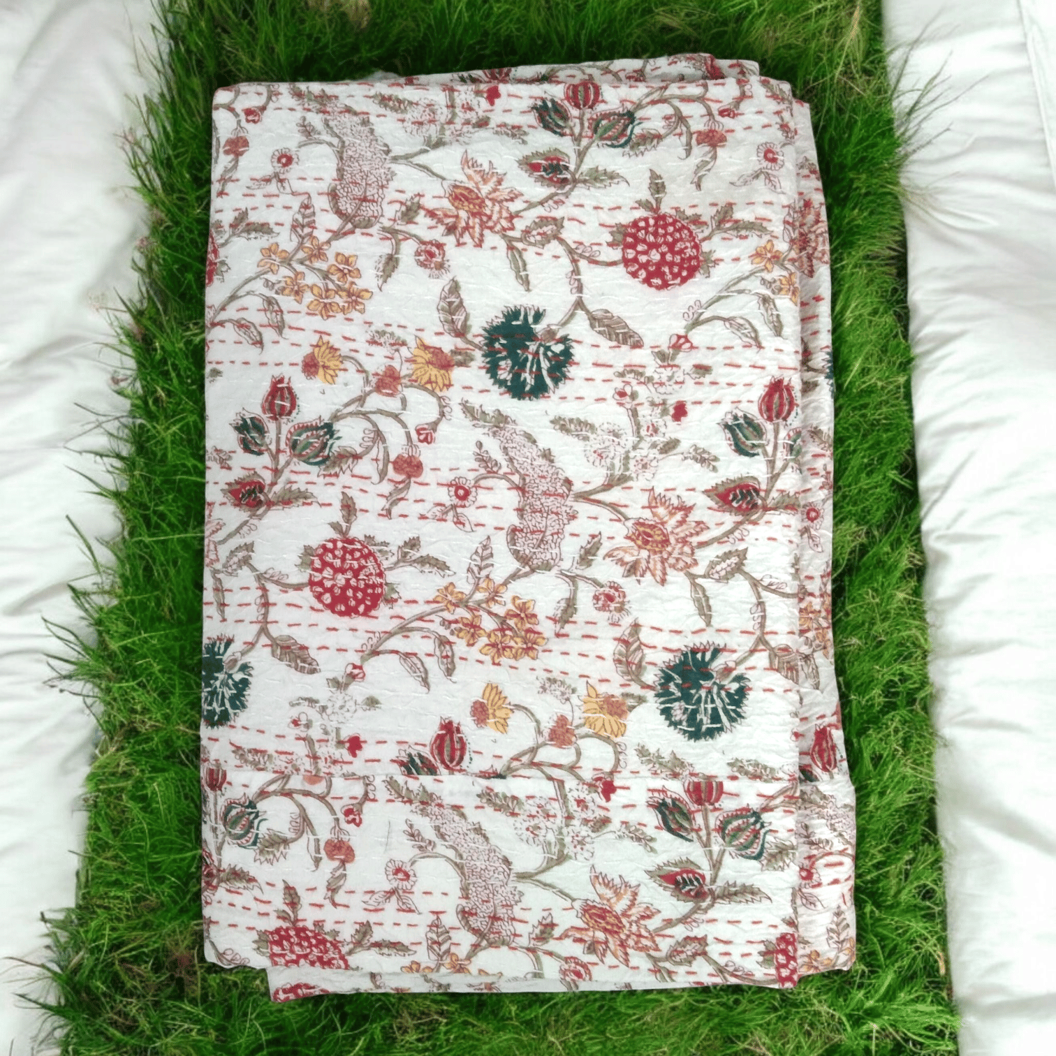 Hand Quilted Kantha Bedcover- White Floral-90 x 100 inches